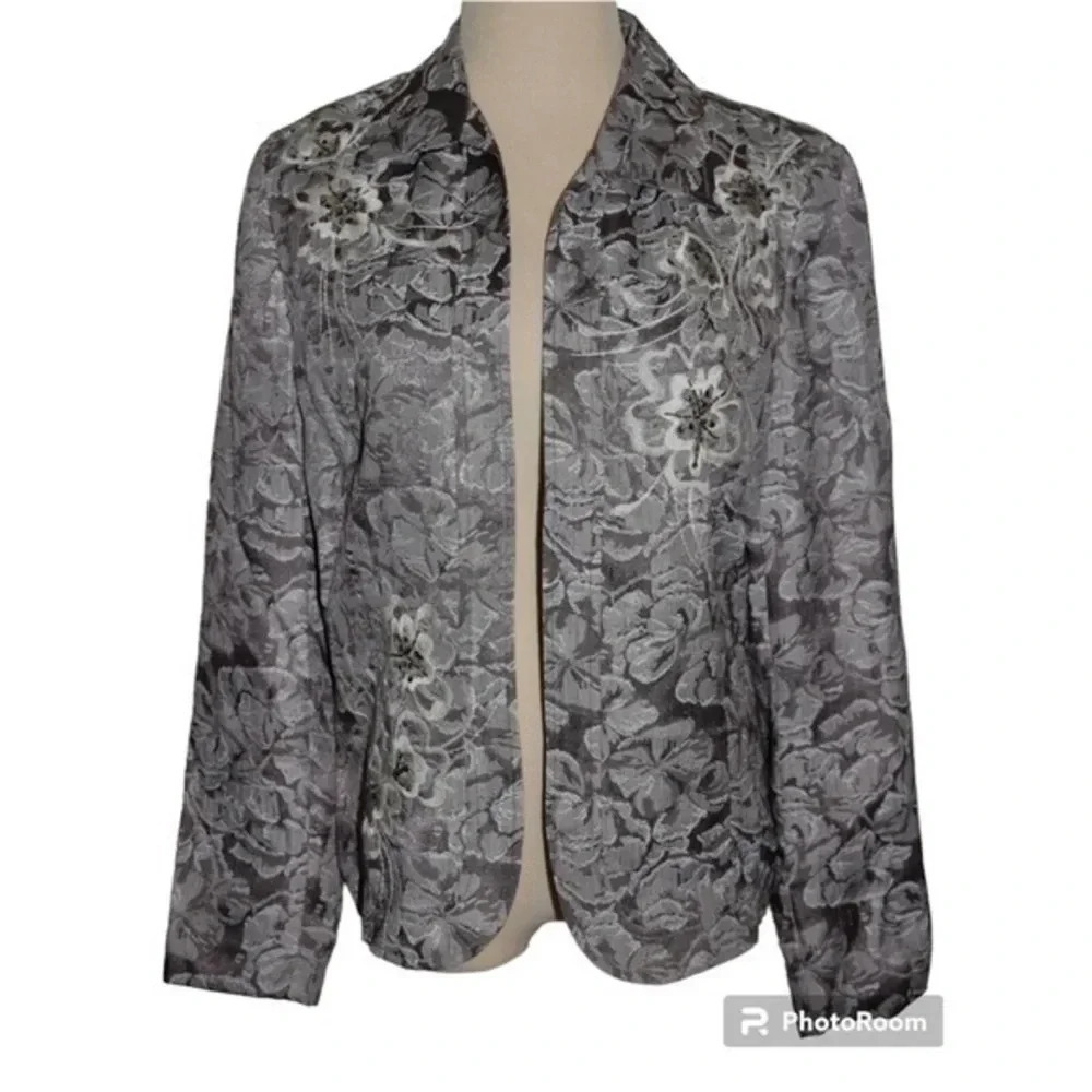 Coldwater Creek Blazer Medium Open Front Floral Sequin Embroidered Lined Jacket